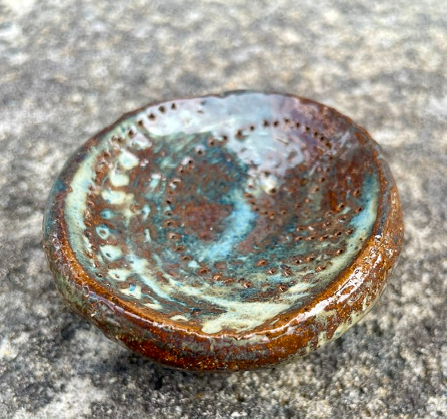 Blue Shell pottery incense holder with variegated glossy blue and brown glaze